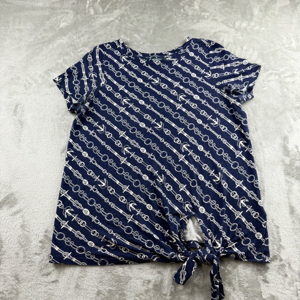 Lauren Ralph Lauren Navy Blue Nautical Rope Print Linen Women's S Tie Front Top